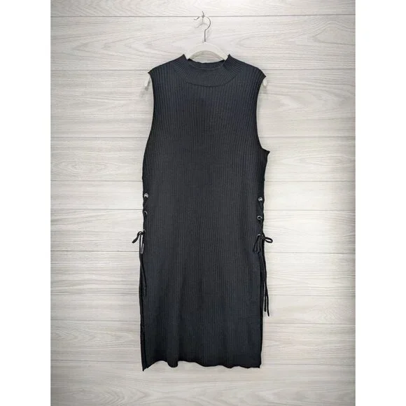 New York & Company Knit Lace Up Sides Cover Up Black Dress - Picture 5 of 6